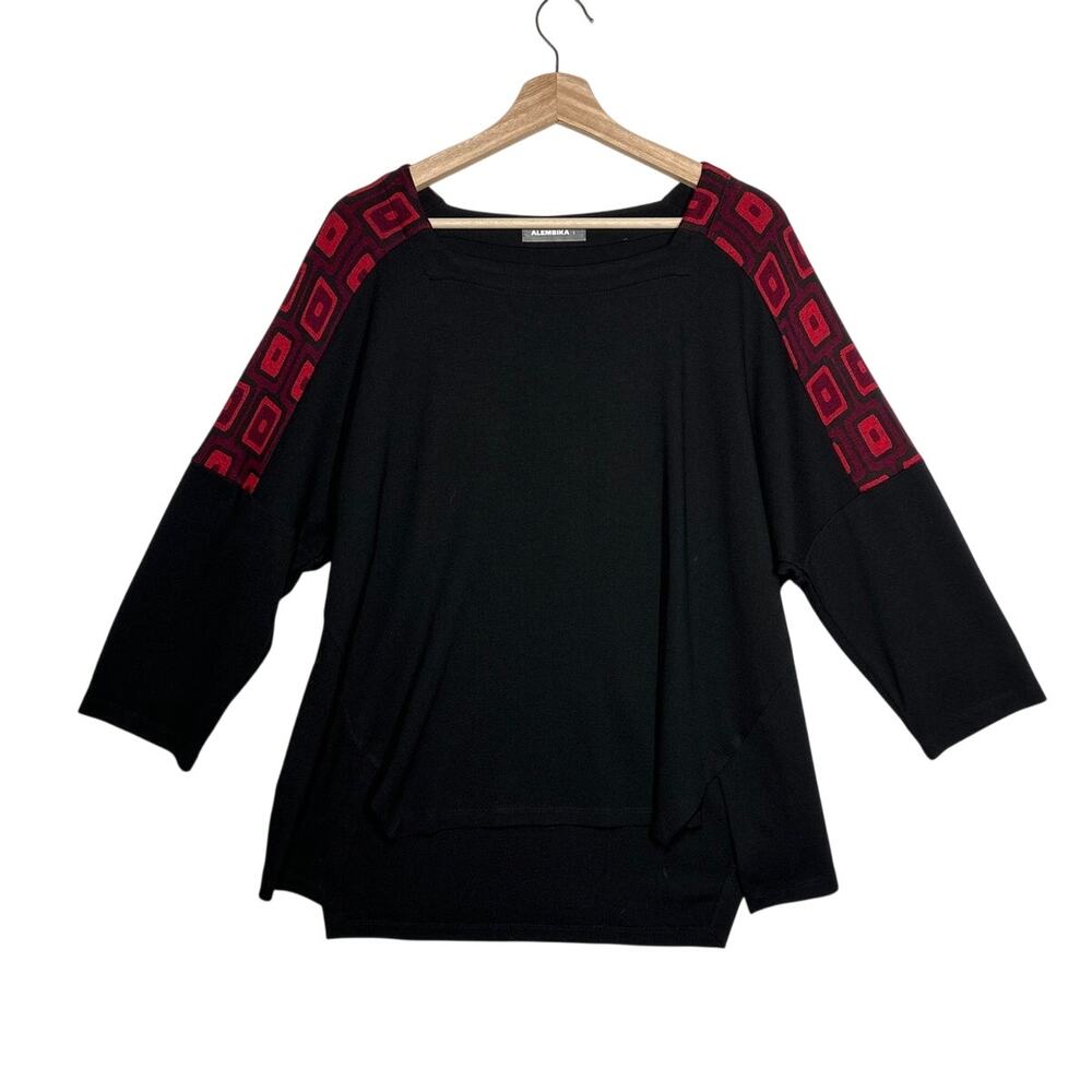 Alembika Dynamite Days Black Red Boxy Tunic Top 3/4 Sleeves Lagenlook Sz 1/ 6-8